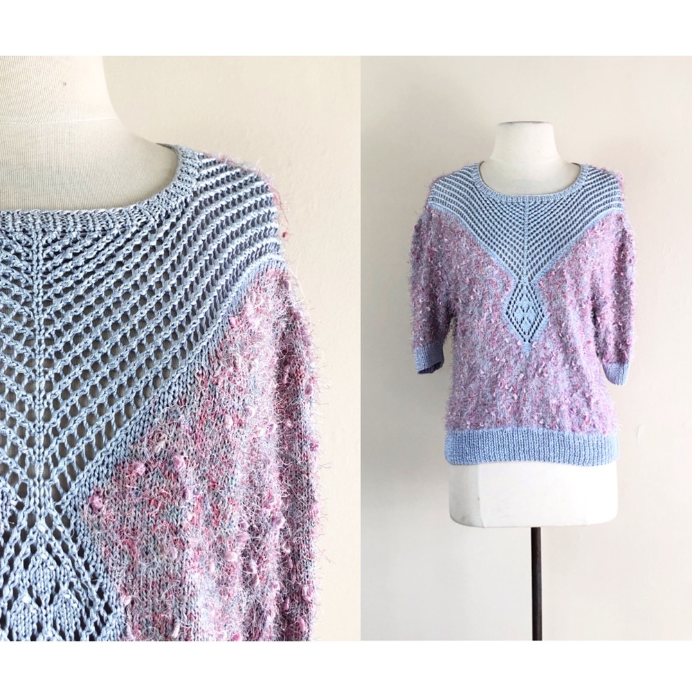 vintage 80s silk crochet sweater macrame ribbon open‎ weave pullover boho 1980s